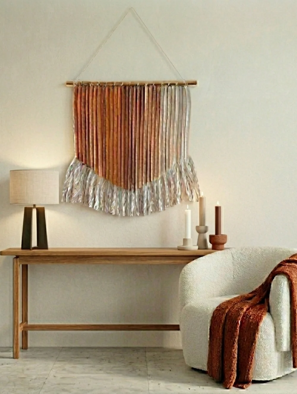 NEW Macrame Hanging Wall Decor Artwork Cotton Ivory Rusted Orange 24